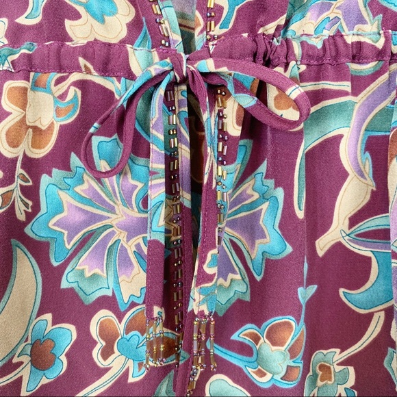 KEY LIME PIE Wine Floral Beads Linen Boho Kimono S - Picture 3 of 8